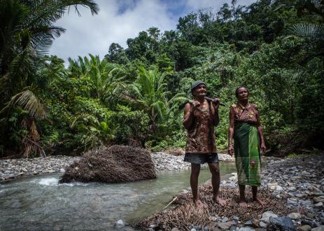 Silas Matoke and his wife Yordana Yawate, pose for photograph as they harvesting sago known as 'pangkur' on the banks of the Tuba river in Honitetu village, West Seram regency, Maluku province, Indonesia on August 22, 2017.