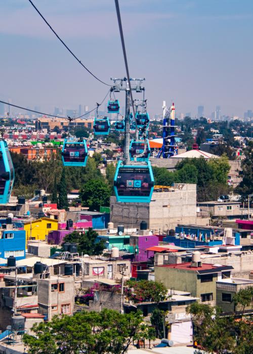 View of the Iztapalapa neighborhood in Mexico City from the Cablebús, an aerial lift transport system